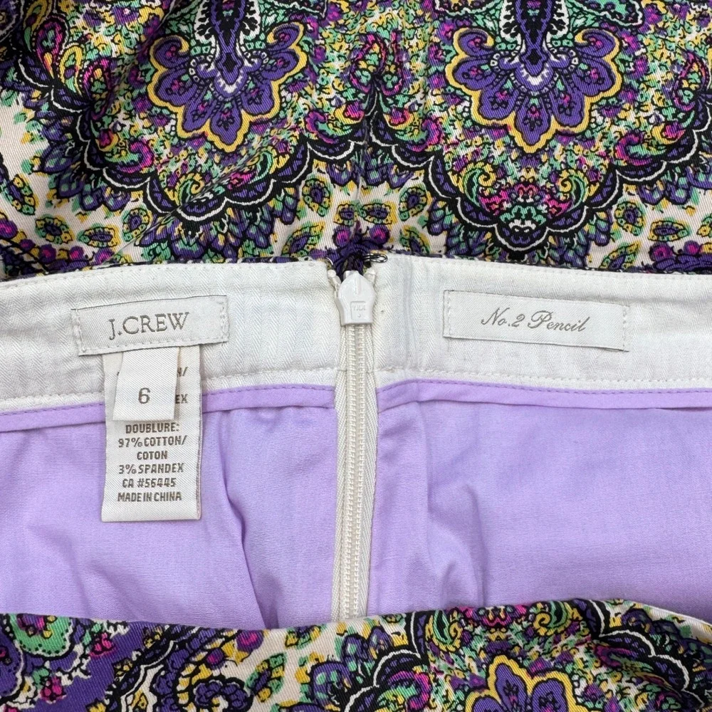 J. Crew No 2‎ Pencil Skirt Paisley Print Purple Green Yellow Classic Fit Size 6
